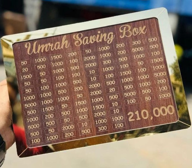 Wooden Umrah Saving Box – Premium 210,000 Goal Money Box For Umrah Fund, Elegant Islamic Design Charity And Donation Storage Box