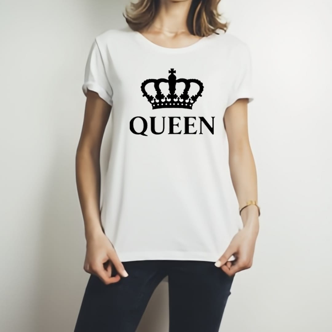 Combo Of King & Queen Style White T-Shirt with Cute Design - King & Queen Design T-Shirts  – Best Quality T-Shirts For Girls | T-Shirt For Women - T-Shirt For Boy | T-Shirt For Men | Queen T-Shirts  | King Design T-Shirt - Large
